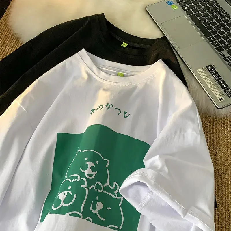 Summer Minimalist Animal Short Sleeved Pure Cotton T-shirt for Men and Women Loose Casual Half Sleeved Couple Outfit Y2K Clothes