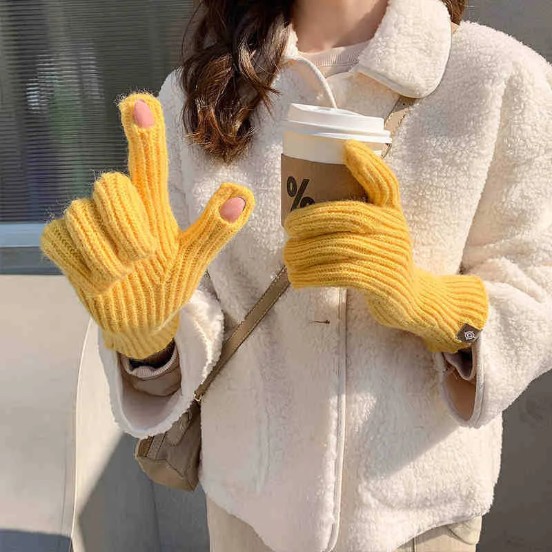 Solid Color Warm Gloves Autumn Winter Knitted Dividing Fingers Touchable Screen Mittens Multicolored Minimalist Soft Gloves