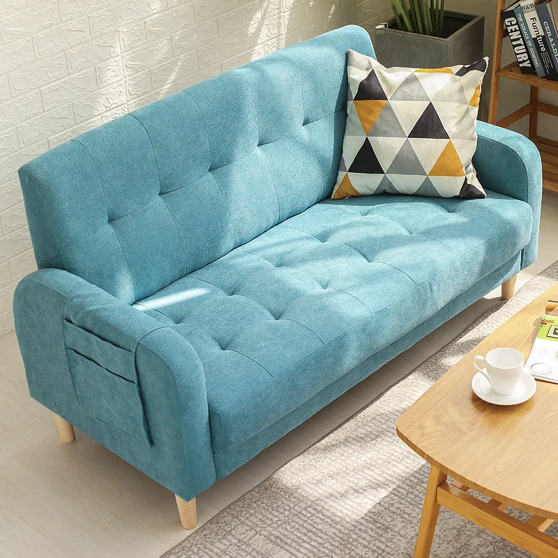 Customized wooden frame salon sofa, comfortable cushion backrest, two person blue sofa