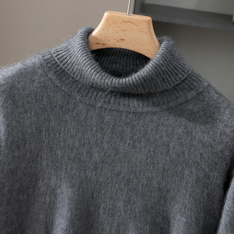 Fall/Winter Turtleneck 100% Pure Mink Cashmere Sweater Men's Loose Lapel Thick Sweater Knitted Solid Color Bottoming Shirt