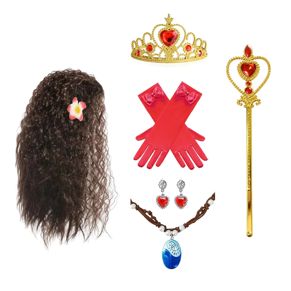 

Gilrs Princess Moana Wig and Necklace Flower Dress Up Set Halloween Vaiana Costume Accessories Moana Dress Up Props for Girl