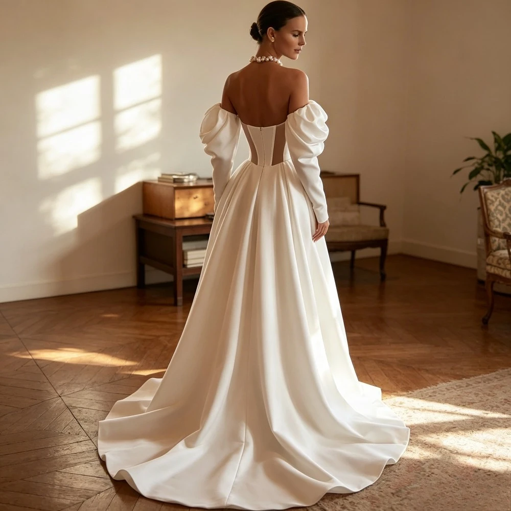Customized Off Shoulder Fluffy Long Sleeved Satin Wedding Dresses 2026 Tight Corset High Slit Luxury Church Bridal Gown Robe