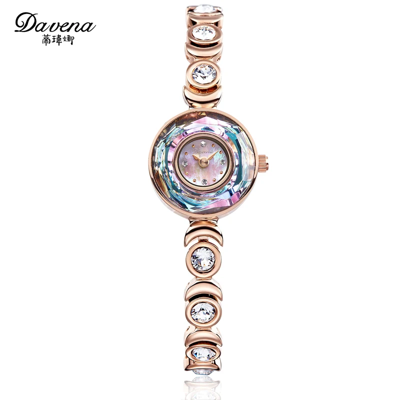Luxury Davena Lady Woman Small Watch Elegant Mother-of-pearl Fashion Hours Blue Crystal Bracelet Party Girl's Birthday Gift Box