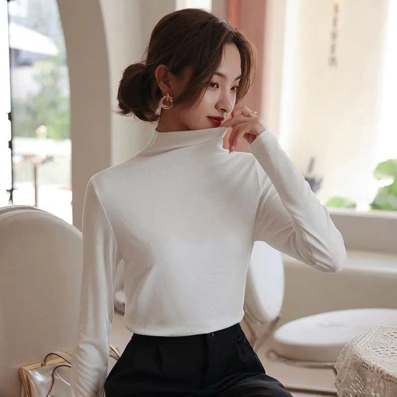 

1pcs Women Warm Tshirt Girl Mock Neck Long-sleeved T-shirt Female Autumn Winter Comfort Soft Large Size Top Ins Lady Base Shirts