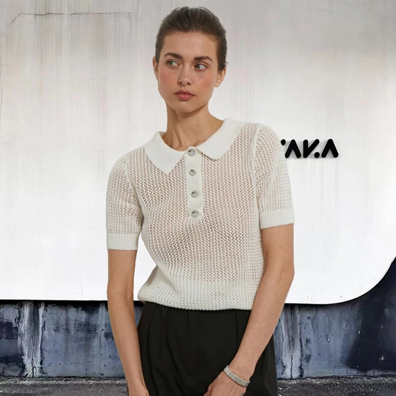 

Tornova Casual Knitted Hollow T shirt Female Short Sleeve Pullover Top See Through Lapel Summer Fashion Women's Sweater T shirt
