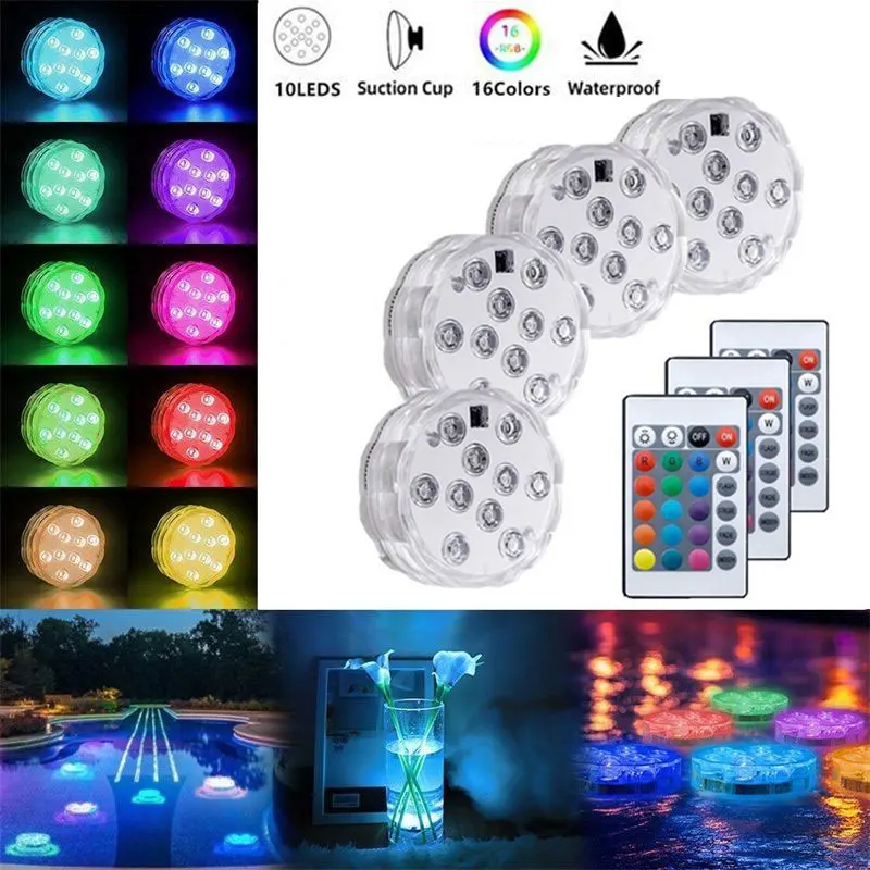 

10leds RGB Led Submersible Light Underwater Night Lamp Battery Operated Garden Swimming Pool Light for Wedding Party Vase Bowl