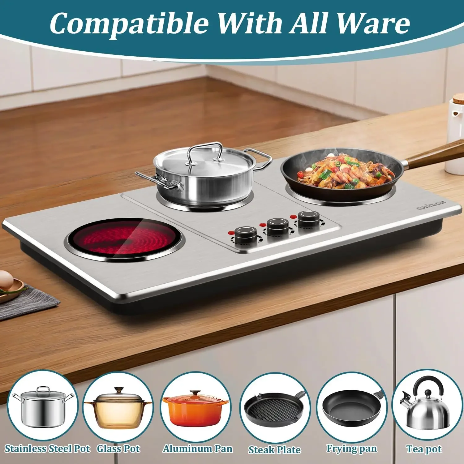 Plate Electric,Countertop Infrared Triple Burner with 7″Ceramic Glass Cooktop,Electric Hot Plate for Cooking,11 Level Temperatur