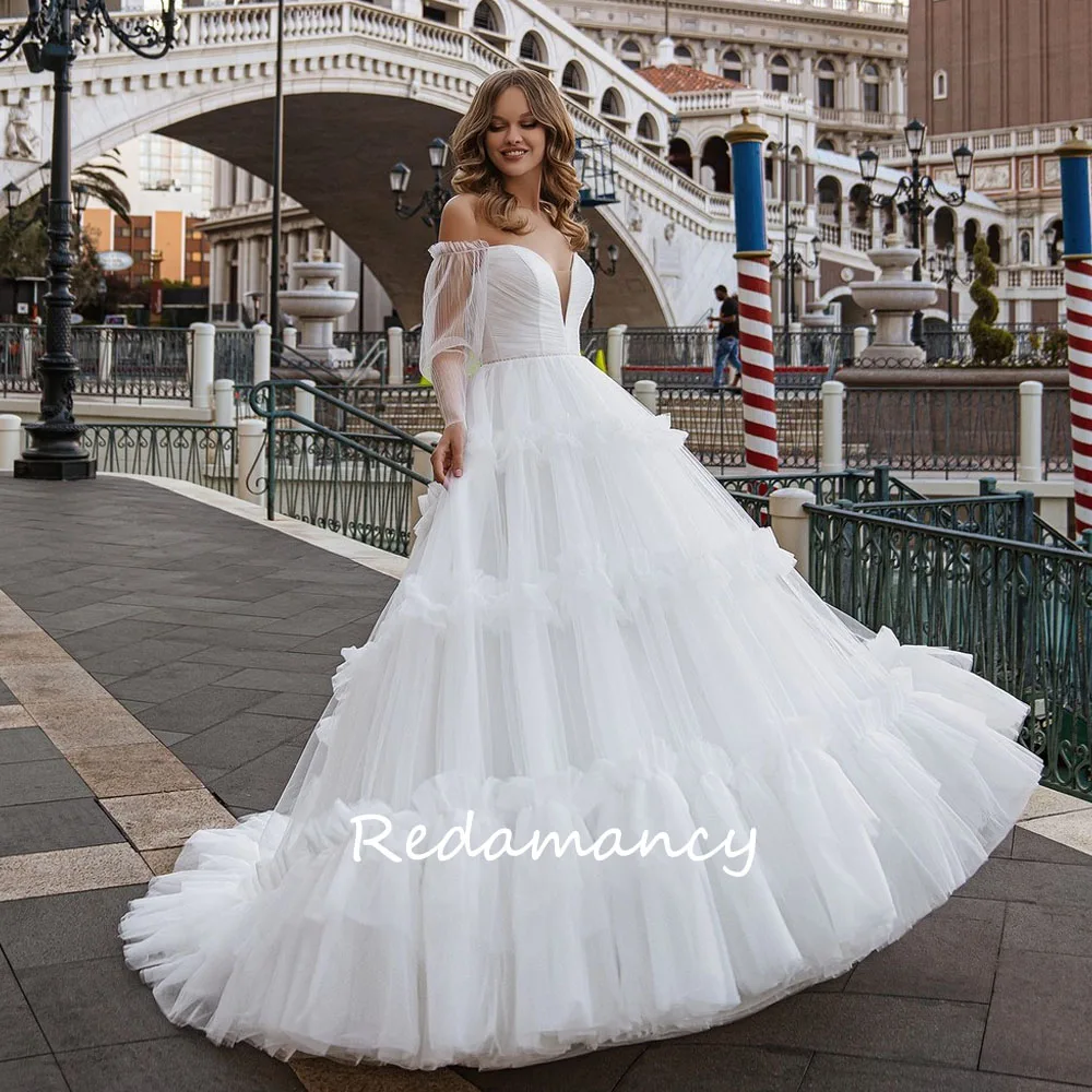 Redamancy Simple V-neck Long Sleeve Tulle A-LINE Wedding Dresses 2024 Backless Slim vestidos de novia wedding dresses for woman