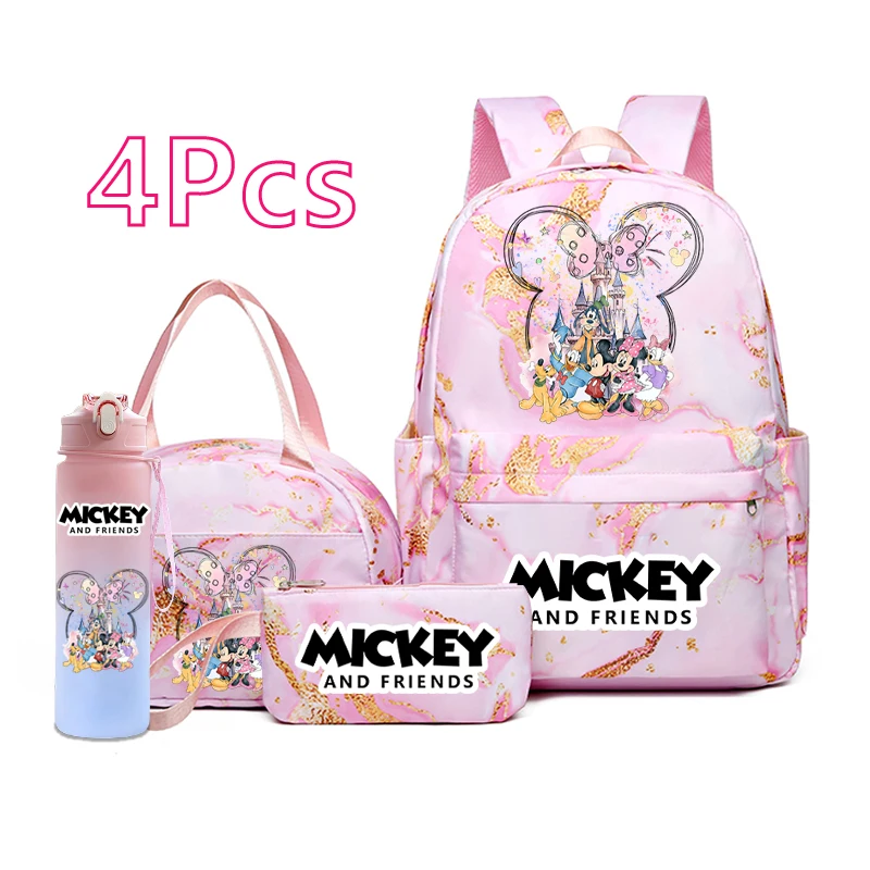 

4Pcs/set Mickey Mouse Backpack for Girl Teen School Student Knapsack Lunch Bag 750Ml Large Capacity Outdoor Sport Water Bottle