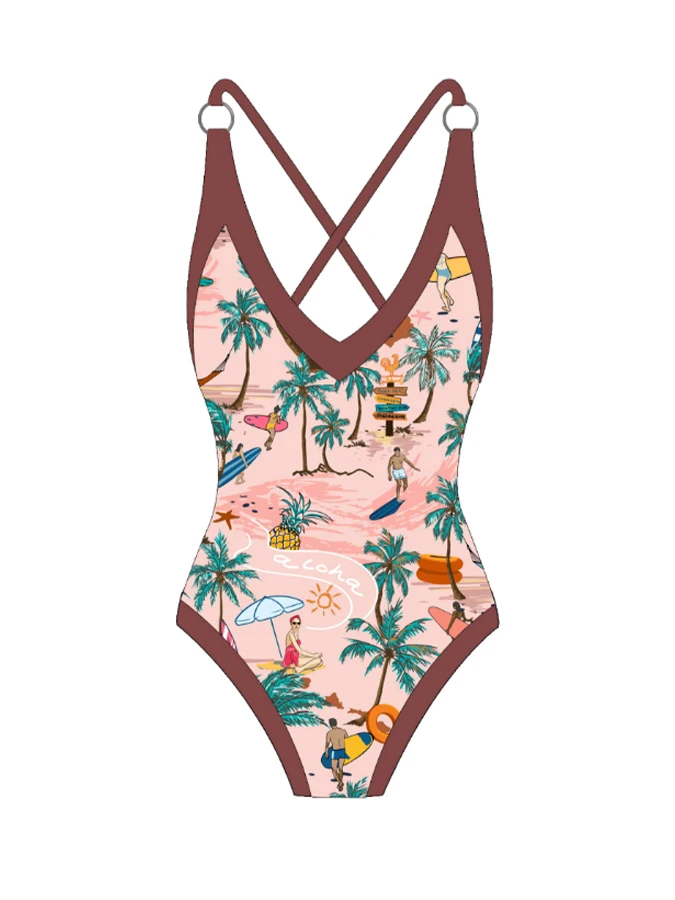 Traje de baño con estampado Floral para mujer, ropa de playa con cuello de pico, tirantes finos, estilo playero