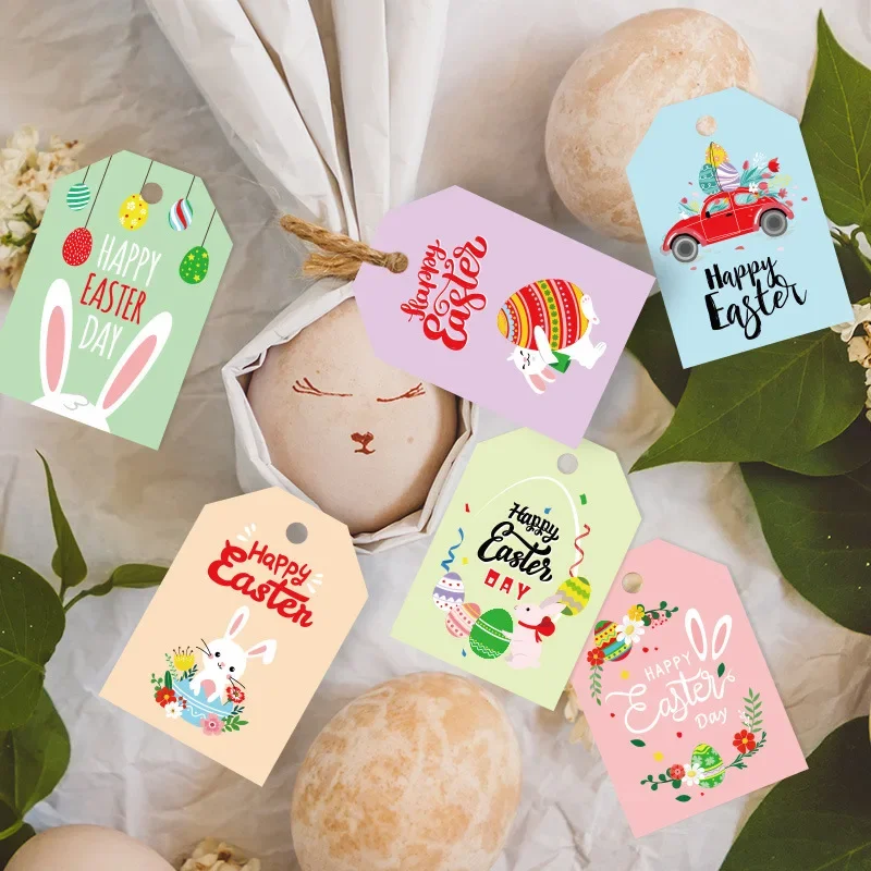 Happy Easter Gift Tags Rabbit Bunny Ear Print Paper Cards Packaging Hang Tag Labels Easter Party Decoration Supplies 48pcs Mix