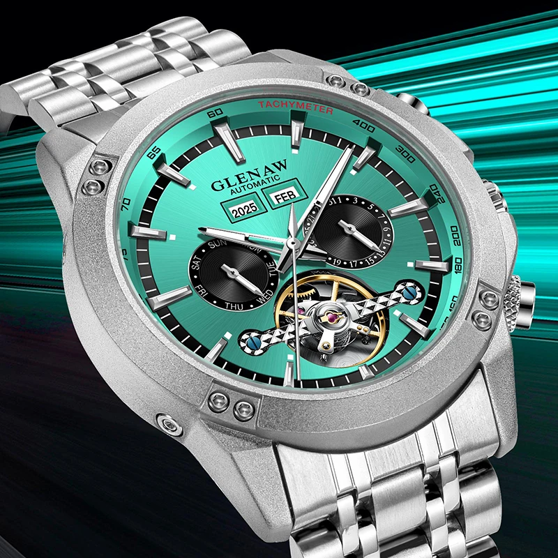 Reloj multifunción mecánico totalmente automático de marca de alta gama Glenaw, reloj resistente al agua con personalidad de negocios para hombres