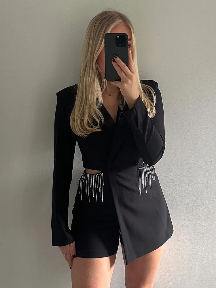 

HH TRAF Women Fashion Waist Hollow Out Blazer Jumpsuit Female V-neck Causal Slim Tops Rhinestone Tassel Long Sleeve Playsuits