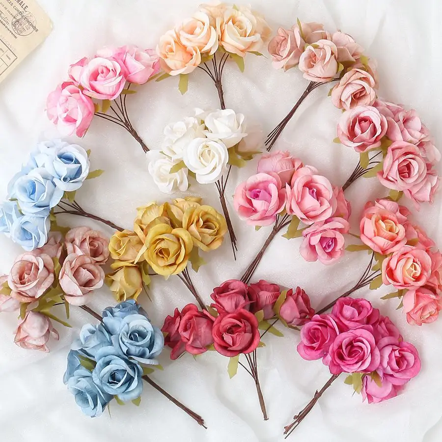 6Pcs/bunch Artificial Silk Rose Bouquet Fake Flower Home Room Decor Party Garden Wedding Decoration DIY Holiday Accessories