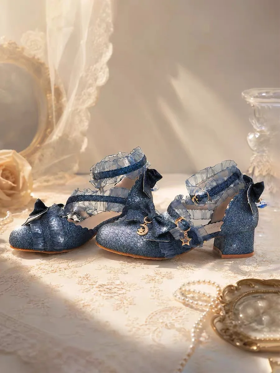 New Women Glitter Lolita Block Heel Sandals Ruffle Lace Bow Star Charm Ankle Strap Round Toe Sweet Cosplay Party Slinge Shoes - view 6