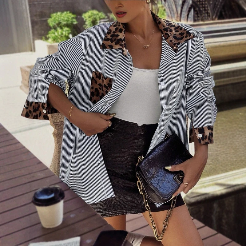 

2025 new fashionable design temperament leopard print splicing loose casual long sleeved POLO collar shirt