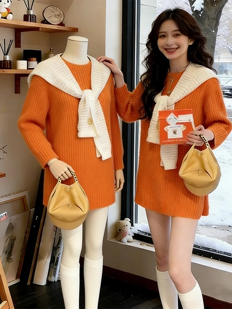 

Потрясающая оранжевая трикотажная одежда Dr Faionable Lazy Sle, осень-зима, свободная женская одежда, длинный воротник во французском стиле...