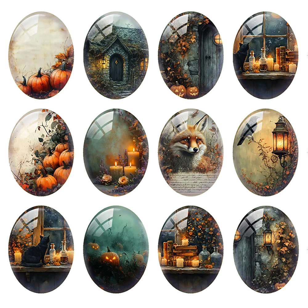 

10pcs/lot Halloween Gothic Horror Pumpkin Crow Cat Fox Candle Oval Photo Glass Cabochon Flatback Demo Cameo Diy Jewelry Making
