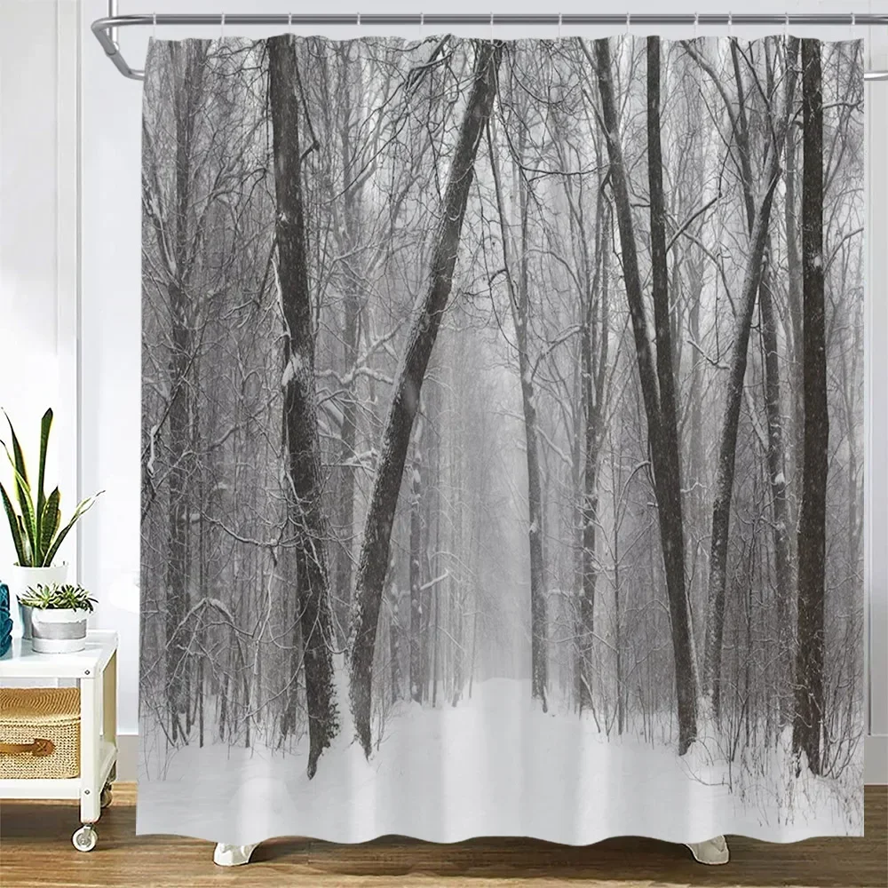 Winter Landscape Shower Curtains Snow Forest Trees Branch Nature Scenery Christmas Home Bathroom Decor Fabric Bath Curtain Sets