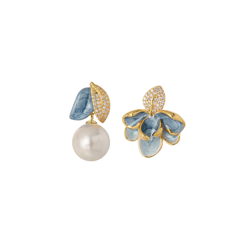 

Enamel dripping oil AB asymmetrical pearl stud earrings women's personality niche leaf earrings