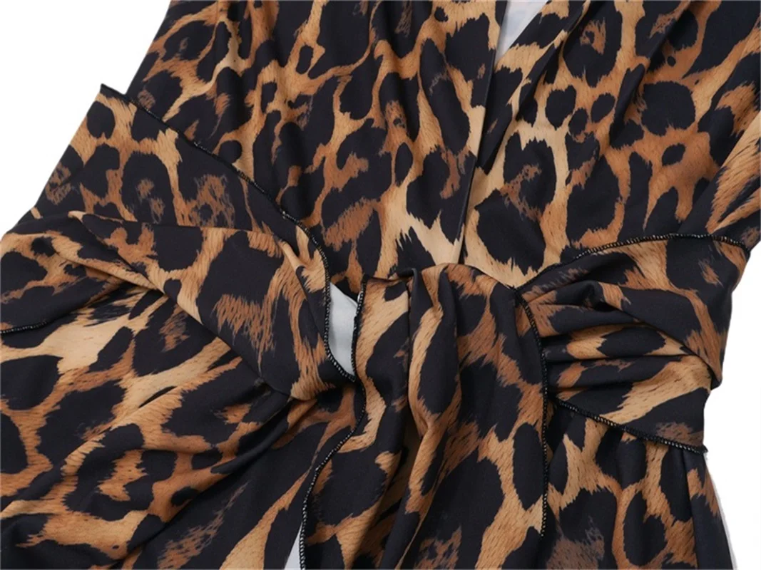 Leopard Print Strap Up Waist Women Prom Dress Ruffle Deep-V Neck Party Gown Long Sleeve Autumn Evening Dress New Design In Stock