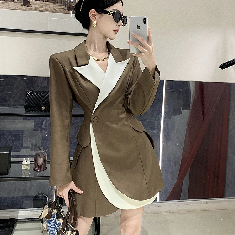 French Style Patchwork Blazer Dress Women Long Sleeve Mini Dress Slim Streetwear Party Vestidos