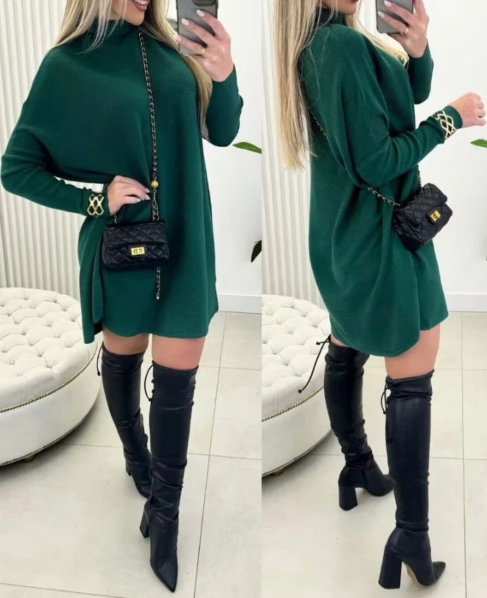 

Women's Fashion Casual Dress 2024 Autumn/Winter Spring New High Collar Bat Sleeve Sweater Dress Knitted Casual Dress