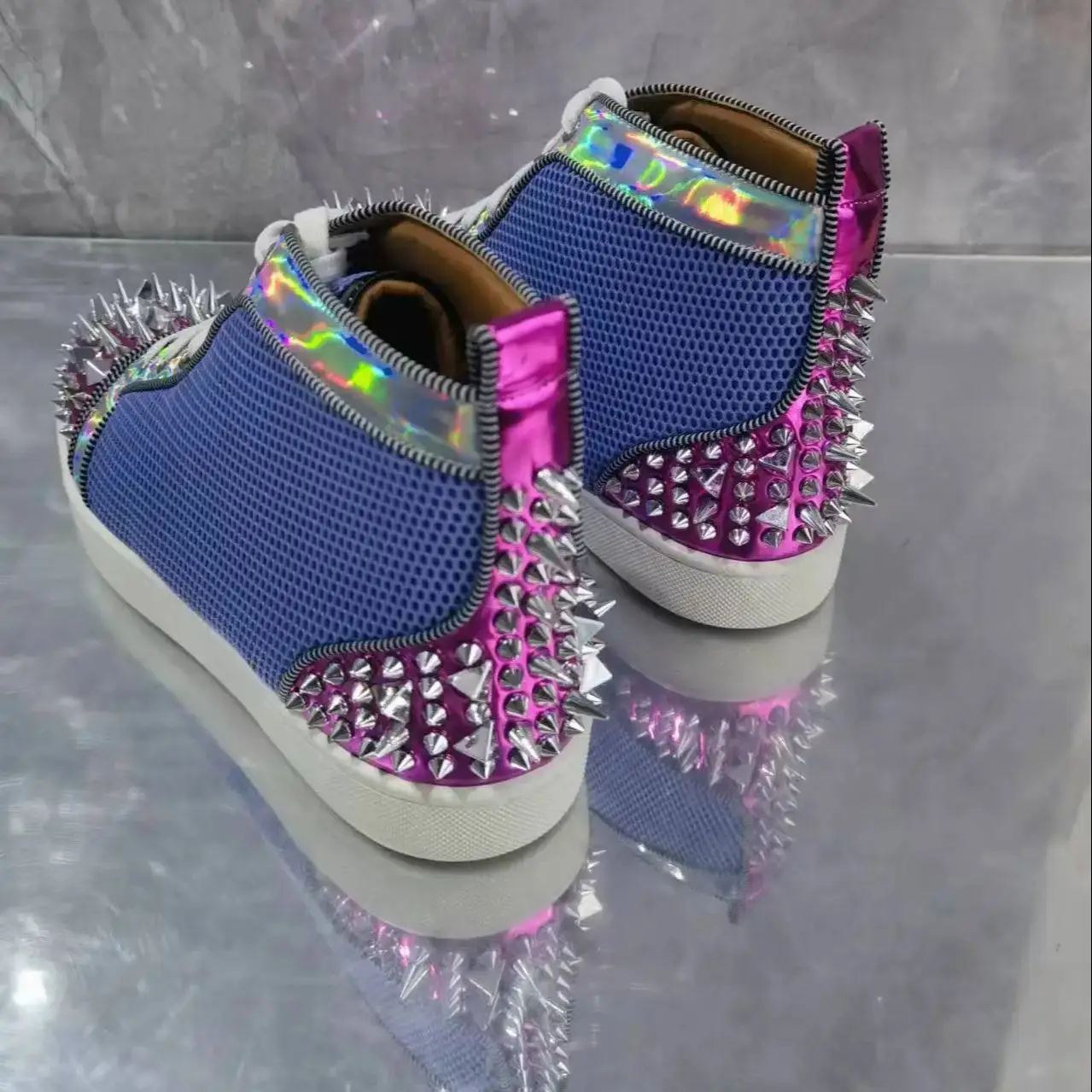 Pink Rivets Blue Leather Patchwork Colors Sneakers Women And Men Round Toe Zipper Shape High-Top Casual Sports Shoes Unisex 2025