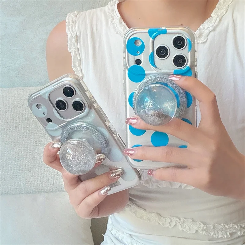 

Fashion Polka Dot Magnetic Phone Case For iPhone 17 Pro 16 15 14 Pro Max Cover with Liquid Quicksand Holder Cute Cases For Magsa