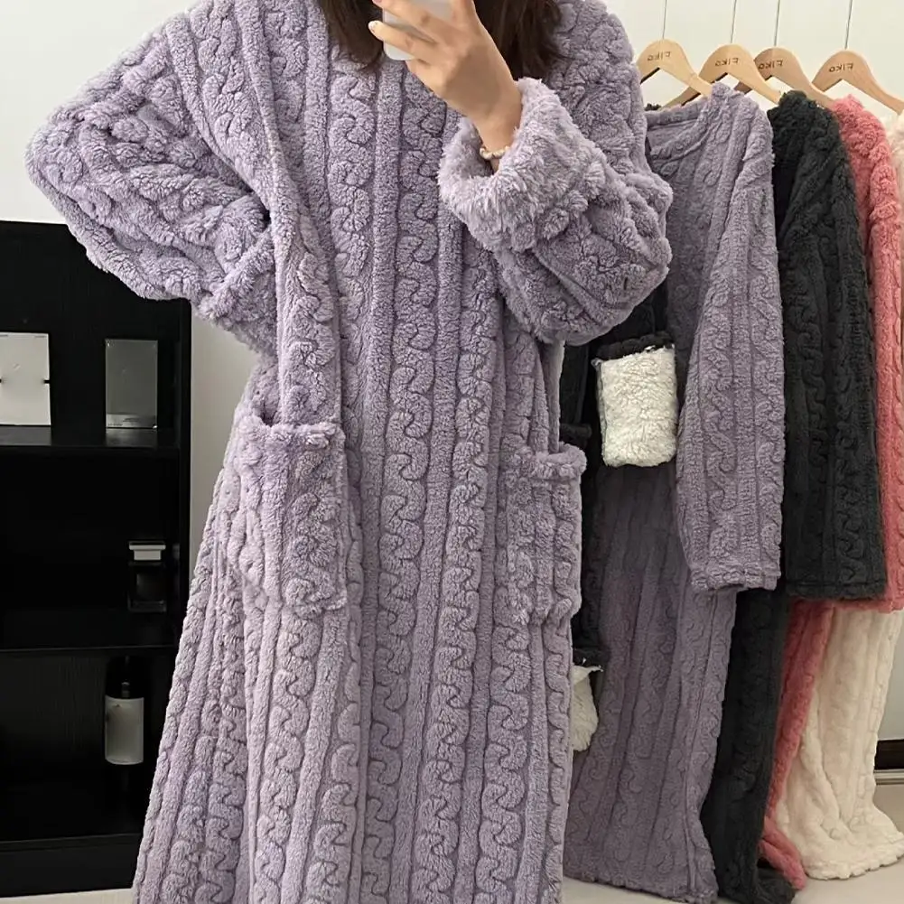 

Winter Long Sleeve Double Pocket Flannel Nightgowns Women Loose Solid Sleepwear Jacquard Night Dress Thickened Warm Nightdress