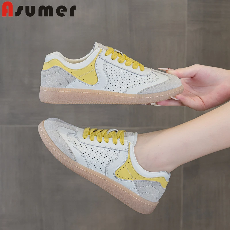 

ASUMER Size 35-43 Women Sneakers Lace Up Flat Shoes Split Leather Breathable Women Flats Spring Autumn Ladies Casual Shoes