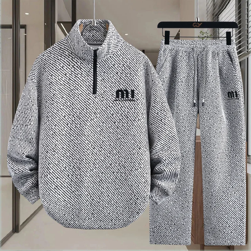 Chándal para hombre, chaqueta con cuello levantado y media cremallera, conjunto de ropa de calle de gran tamaño para primavera y otoño, ajuste cómodo, novedad de 2025
