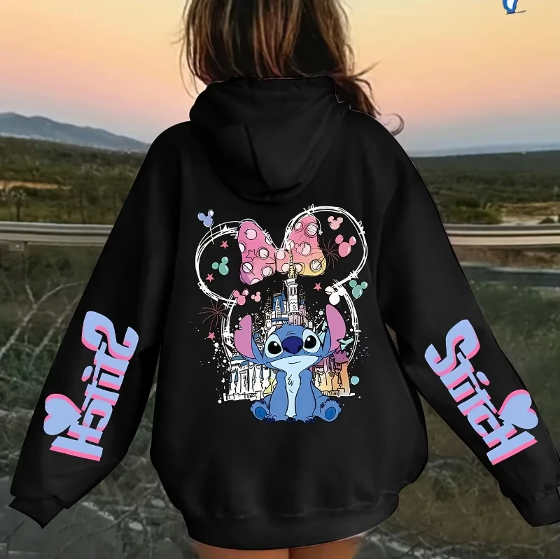 

Stitch Cartoon Print Hoodie for Girls and Boys Comfy Pink Pullover Casual Loose Fit Perfect Back to School Gift Casual Hoodie