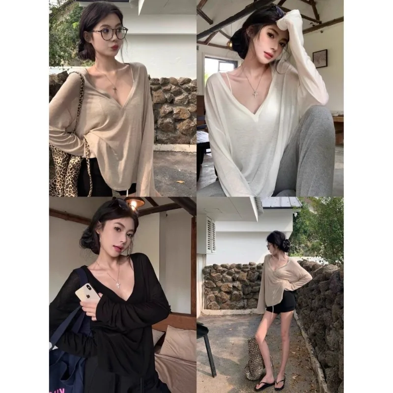 Damska koszulka z długim rękawem z lodowego jedwabiu, dekolt w serek, luźna, chroniąca przed słońcem, seksowna odzież damska Y2k, lekko prześwitująca, cienka, długie rękawy.