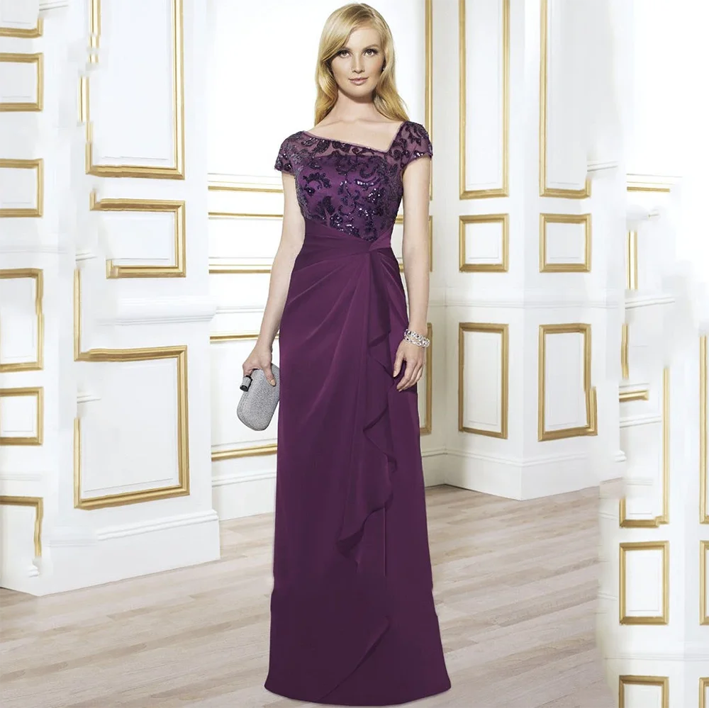 

Purple Asymmetrical Square Collar Shorty Sleeve Mother Gowns Customized Pleat Jersey A-line Mother of The Bride Dress 2026