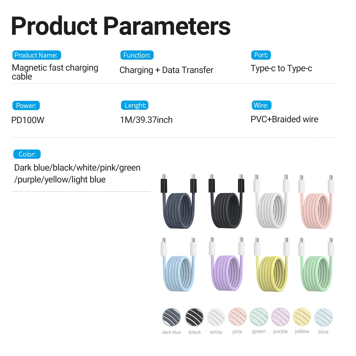 PD 100W Magnetic Suction USB C To USB C Cable 100W PD 3.1 Fast Charging Charger Nylon Braided Wire for iPhone16/15 ipad  xiaomi