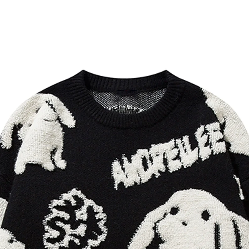 Cute Knitted Cute Rabbit & Wealth Chenille Embroidery Sweater Women\'s Casual Warm Crew Neck Pullover Sweater For Men Fall Winter