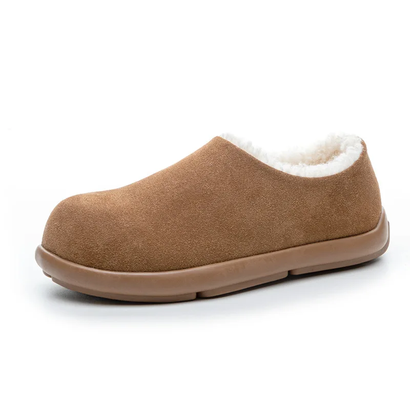 

ZR DIARY Fur Shoes Suede Leather Solid Color Round Toe Slip On Warm Fur Ladies Winter Shoes Flat Heel 1009