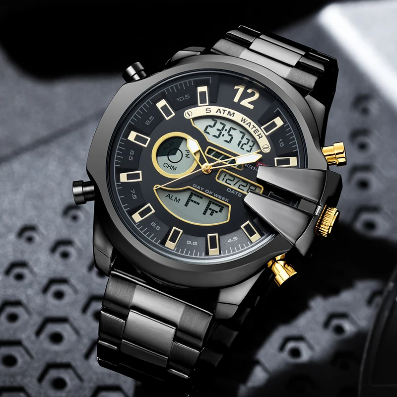 Männer großes Zifferblatt Armbanduhren Gold Top Marke Luxus männliche Uhr Gold schwarz Quarz Dual Display Chronograph Drops hip Uhr für