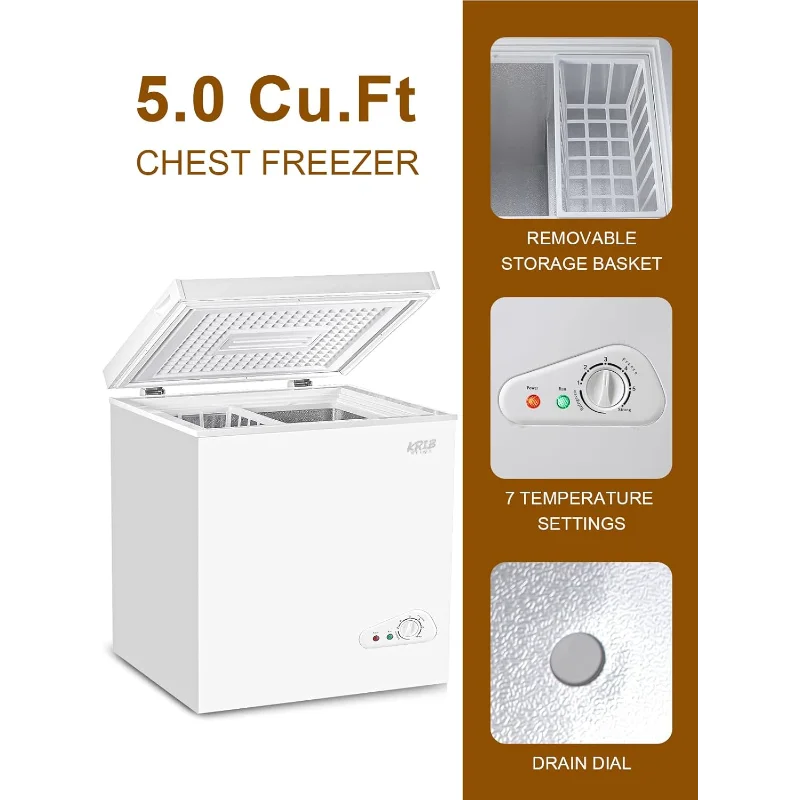 5.0 قدم مكعب، فريزر عميق مدمج، صغير قابل للتعديل، 7 ترموستات، باب منخفض الضوضاء مع سلة قابلة للإزالة باللون الأبيض