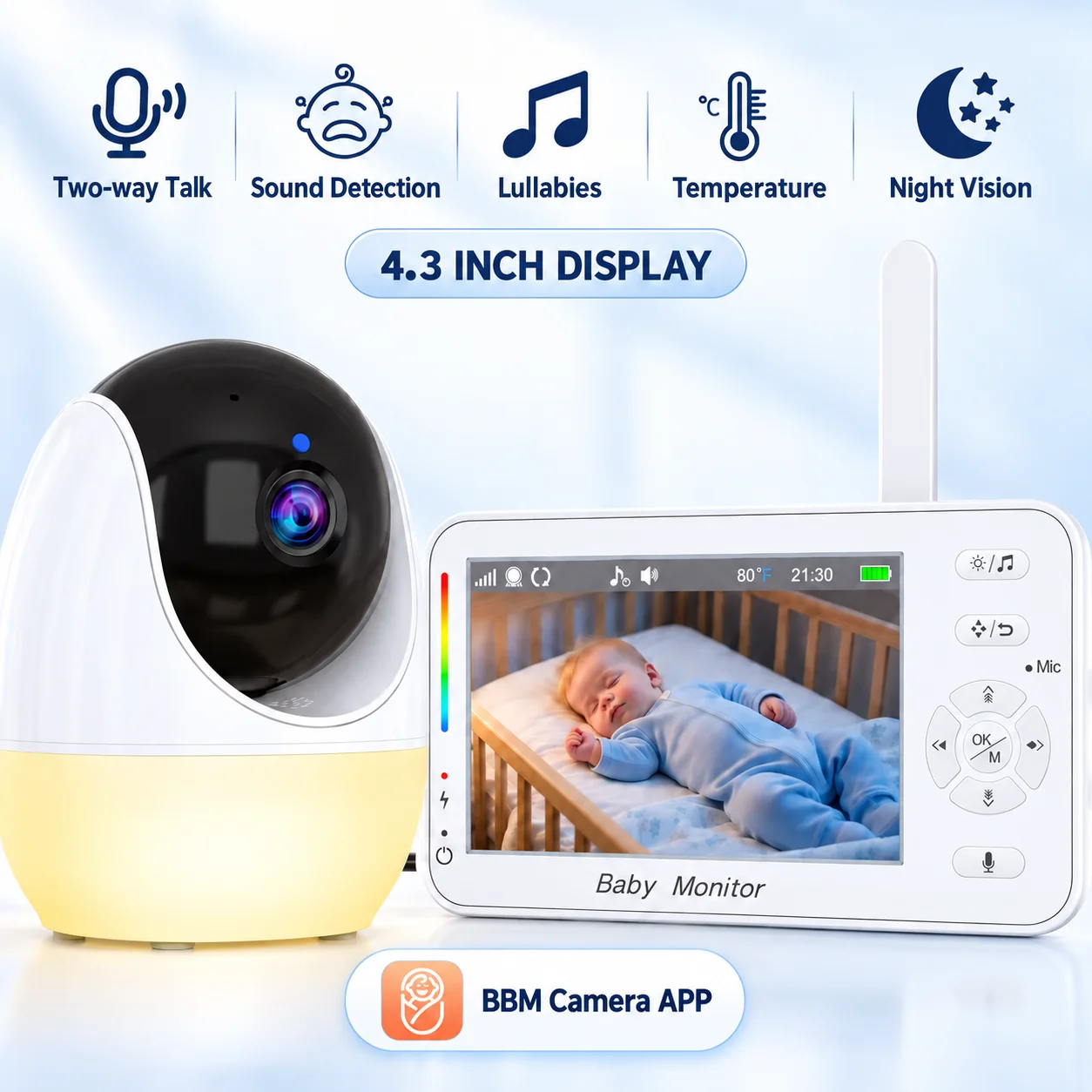 Baby Monitor 4.3 Inch Color LCD 1080p IR Night Vision Temperature Detect Feeding Reminder Two‑Way Audio Parent Unit Display