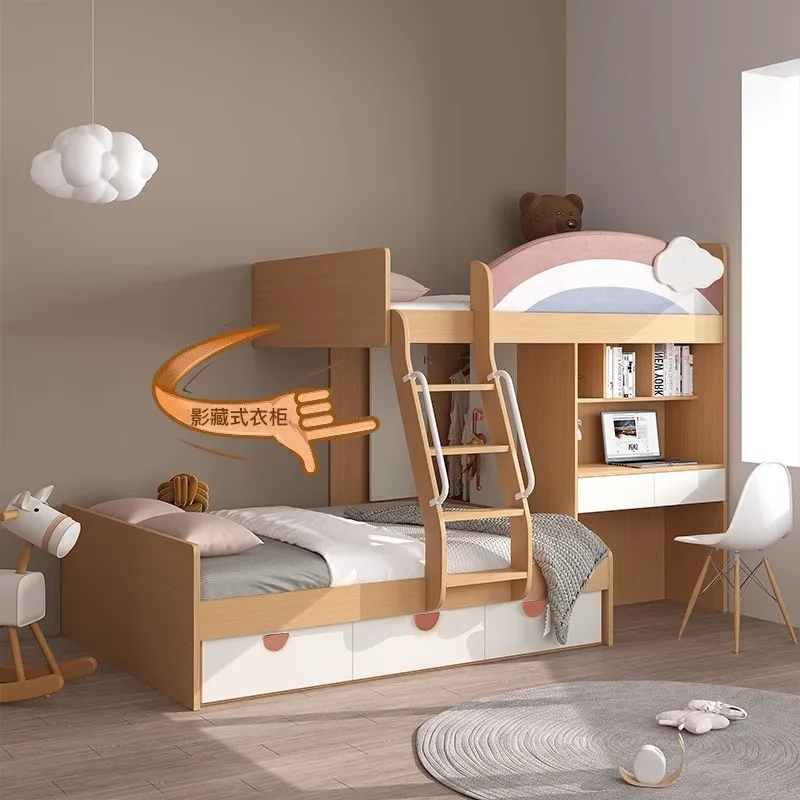 High and low bed with desk multi-functional combination, child and mother bunk bed staggered bunk bed storage