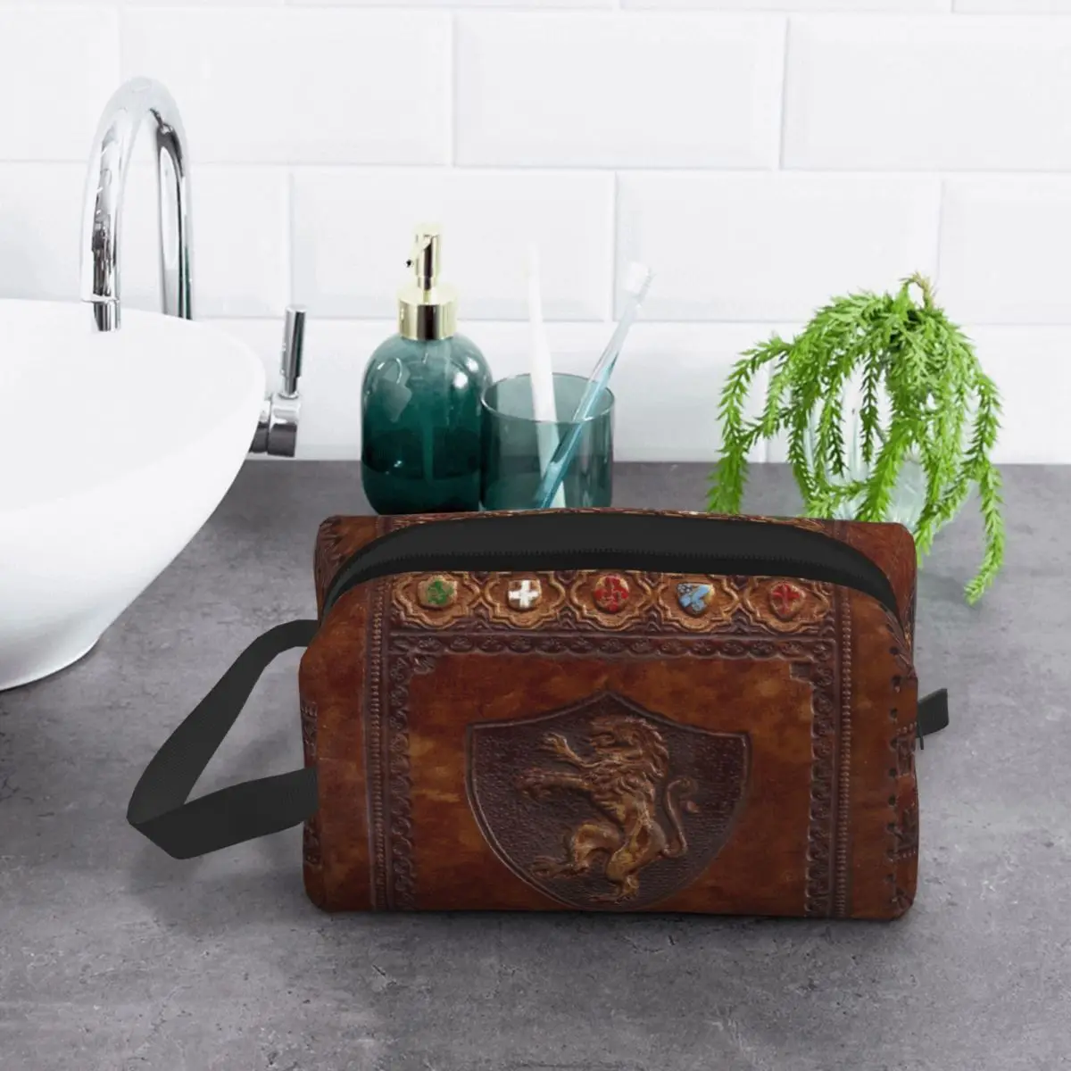 Custom Hand Tooled Leather Medieval Book Cover Makeup Bag for Travel Cosmetic Organizer Vintage Medieval Storage Toiletry Bags