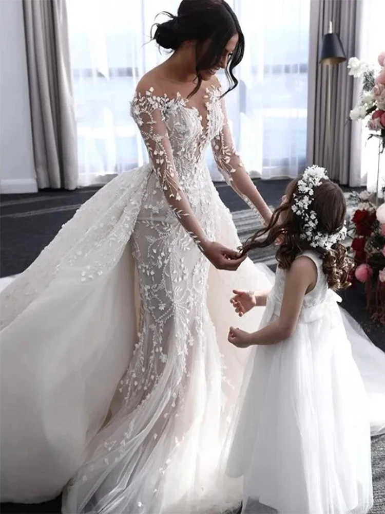 Lusso Illusion maniche lunghe scollo a v sirena abiti da sposa Appliques treno staccabile Boho abito da sposa Vestidos De Novia