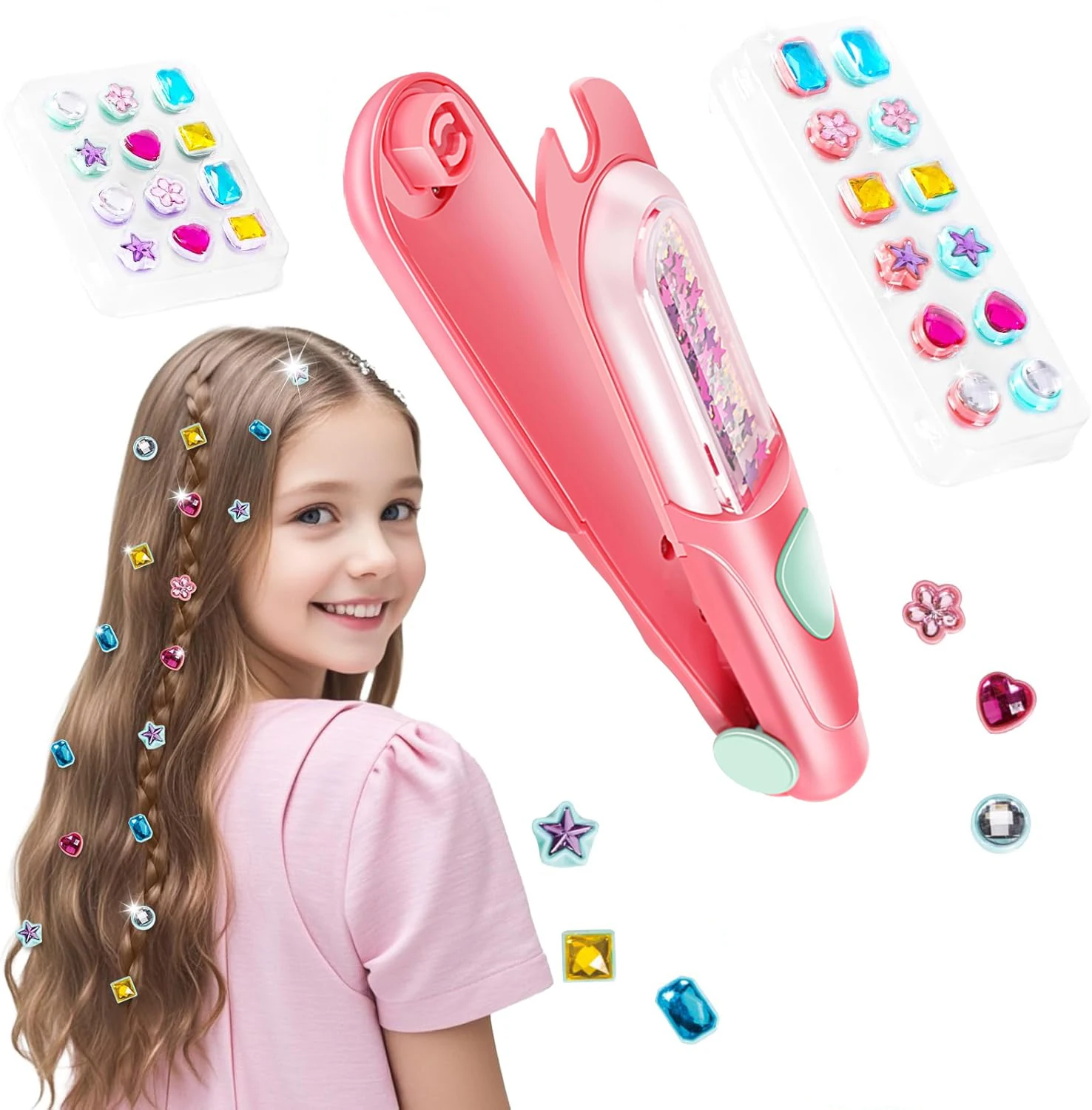 Hair Gem Stamper Kit Blingling Hair Jewels for Girls Toys Hair Styling Tool with Reusable Shining Diamonds Pretend Play Toy Gift