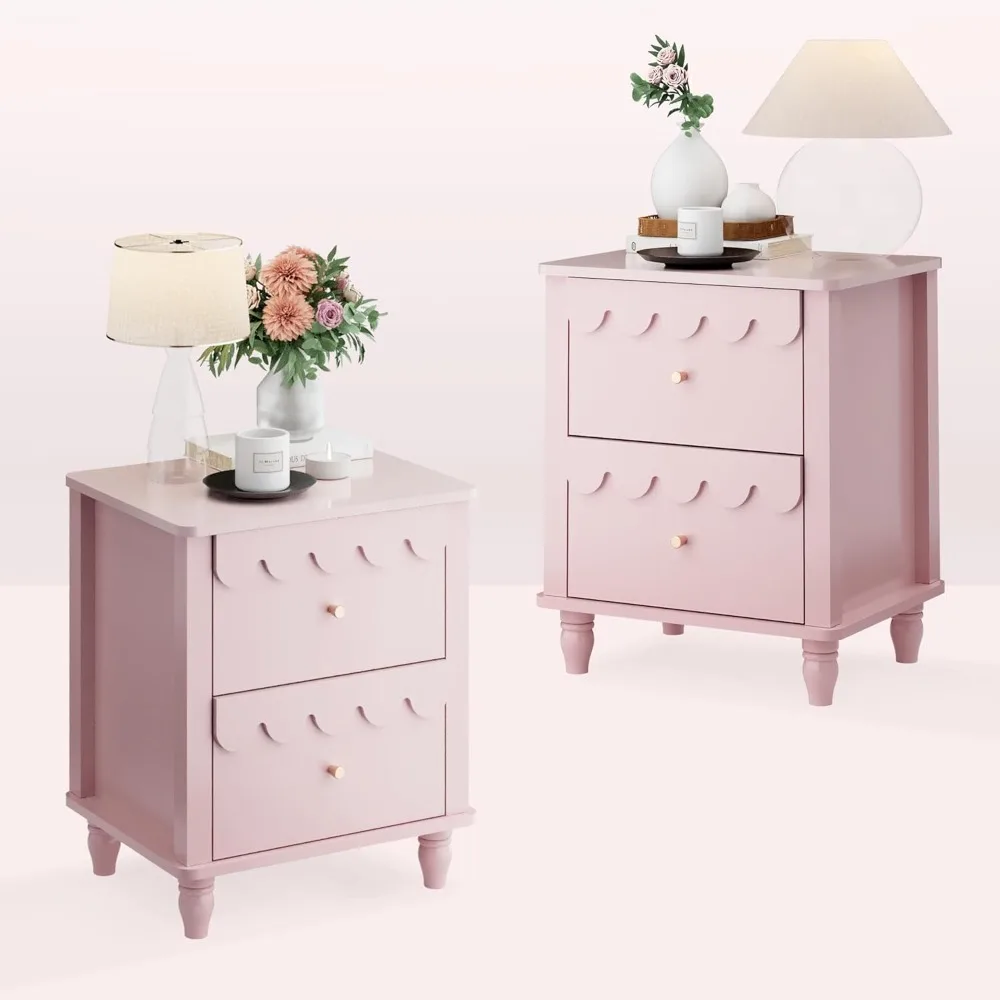 Nightstand Set of 2 with Petal Pattern, Modern Night Stand Set 2 with 2 Drawers for Bedroom, Side End Table Scalloped