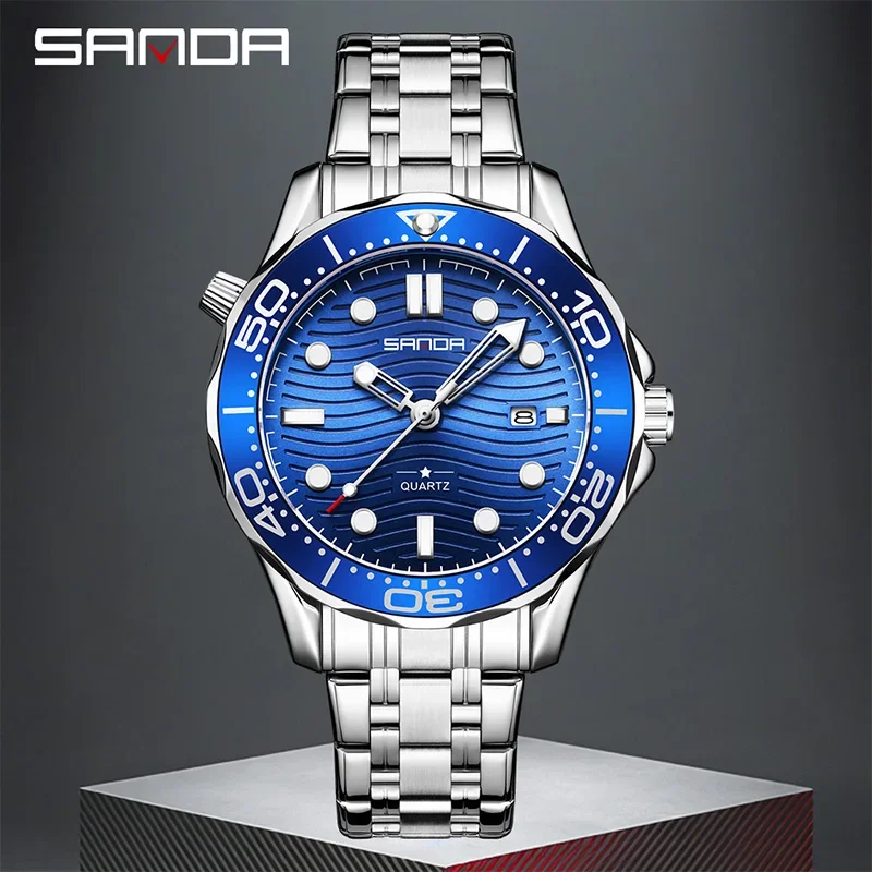 SANDA Fashion Business Men's Quartz Watch Simple Multi functional Waterproof Single Calendar Stainless Steel Strap Male Cloc