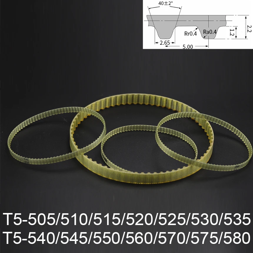 Courroie de distribution synchrone trapézoïdale en acier PU T5, pas de 5 mm, modèles T5-505/510/515/520/525/530/535/540/545/550/560/570/575/580