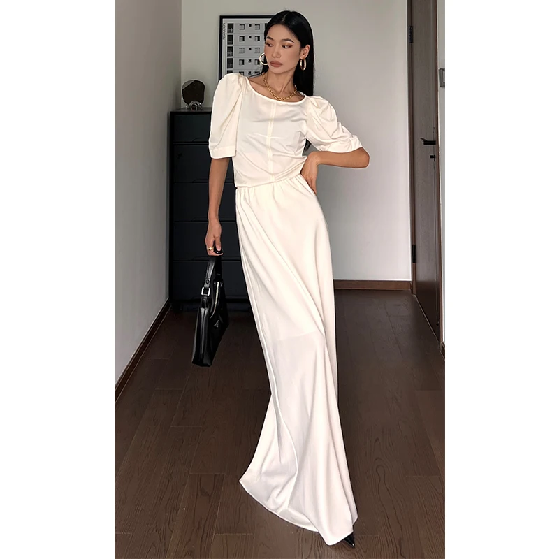 

Faionable Slim Fit Bubble Sve Top And High Waist Fi Tail Long Skirt Two Piece Set for Women Polyester Summer Outfit