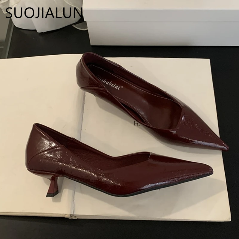 

SUOJIALUN 2025 Spring New Pointed Toe Women Pumps Shoes Pointed Toe Shallow Slip On Boat Shoes Thin Low Heel Dress Pumps